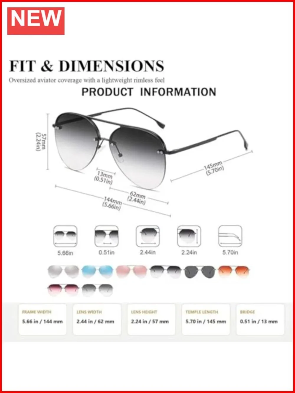 Rimless Aviator Sunglasses Oversized UV400 Metal Frame Gradient Mirrored Lens